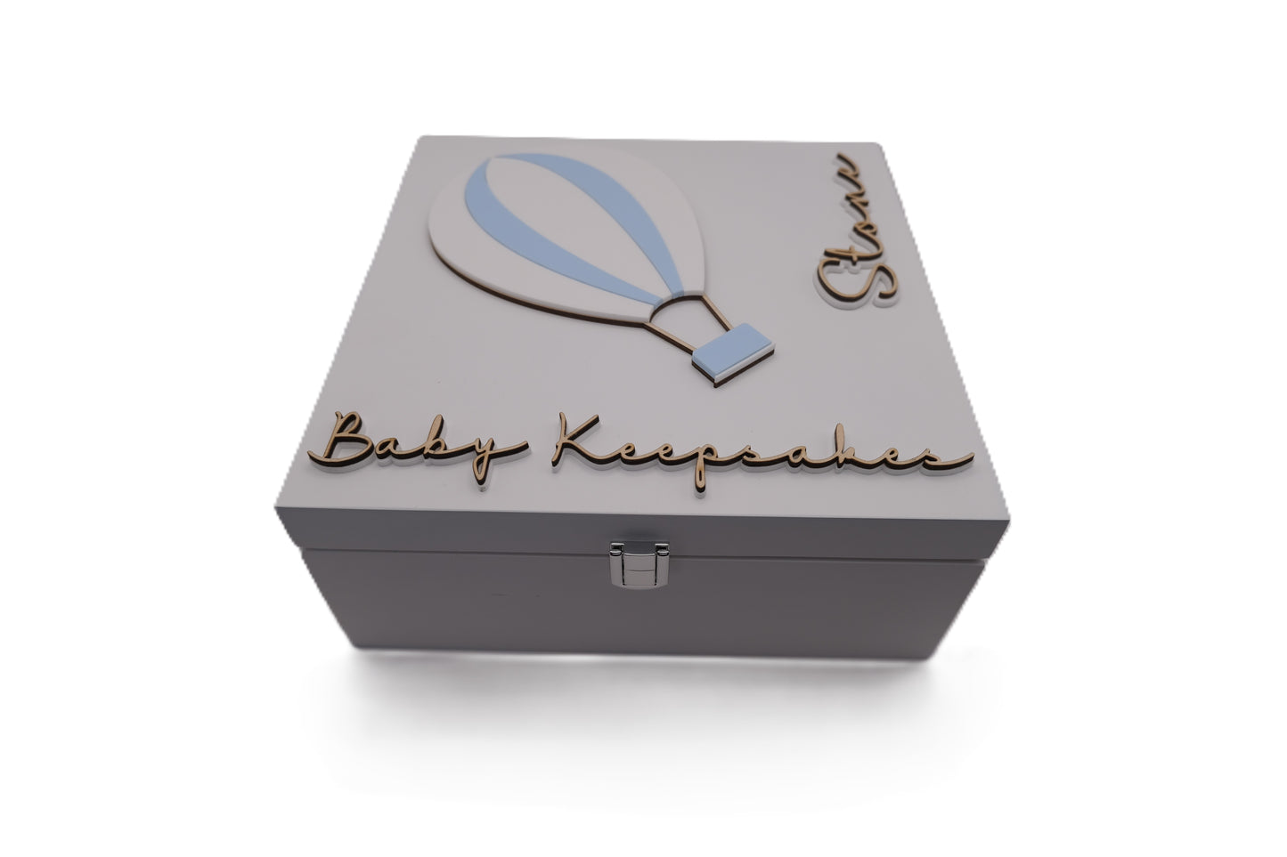 White baby keepsake box with hot air balloon design and 'Baby Keepsake' text on a white background