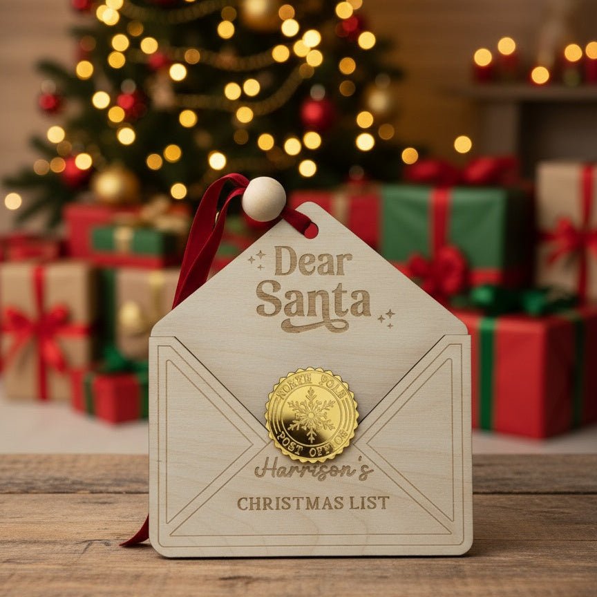 Decorative 'Dear Santa' Christmas list card with a gold seal in front of a festive background with lights and presents.