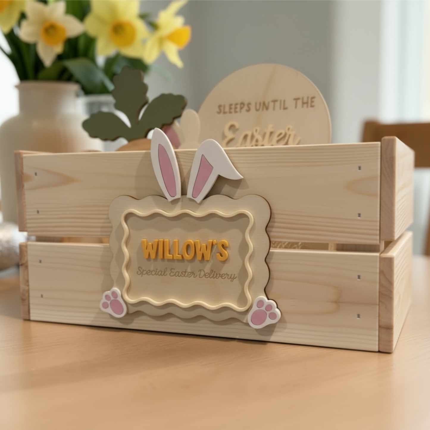 Personalised Easter Treat Crate – Bunny Ears Easter Basket – Custom Easter Bunny Delivery Box – Easter Egg Hunt Crate – Children’s Easter Gift