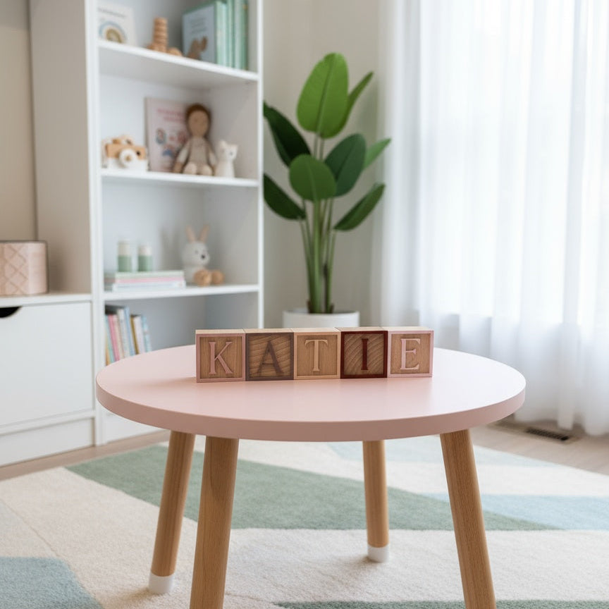 Round wooden table with name blocks spelling 'Katie' in a room with shelves and a plant.