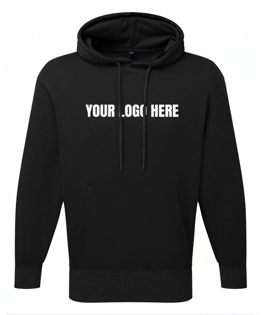 Black hoodie with 'YOUR LOGO HERE' text on a white background