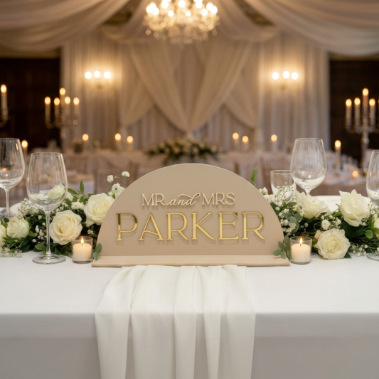Personalised Top Table Sign – Acrylic Half Arch with Raised Lettering