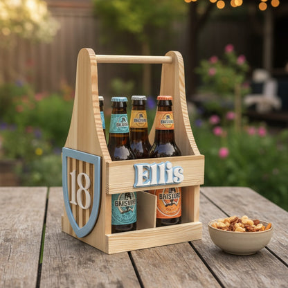 Wooden beer carrier with bottles on a wooden table outdoors
