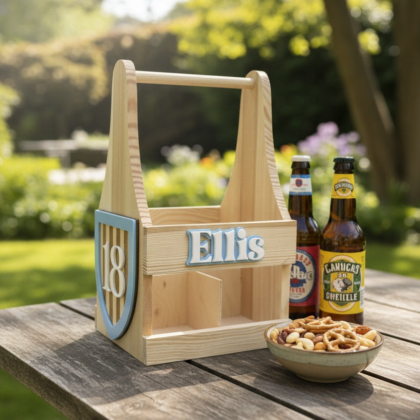 Wooden beer carrier with 'Ellis' and number '18' on a table outdoors.