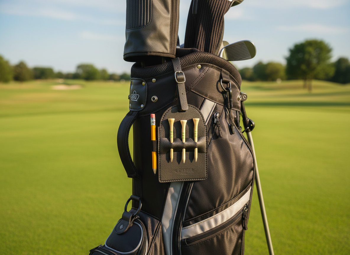 Golf bag with club head covers and a golf tee holder on a golf course
