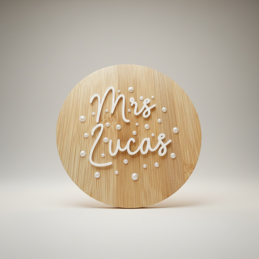 Round bamboo jewellery box with 'Mrs Lucas' engraved on a beige background