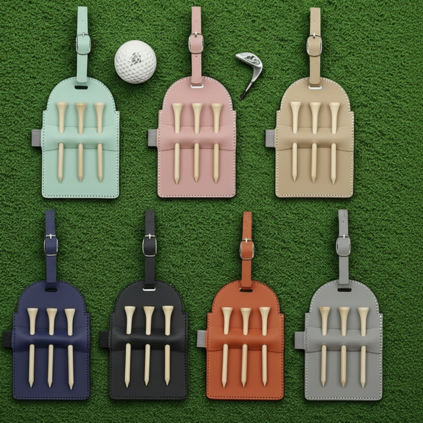 Set of golf-themed tee tags on a green background