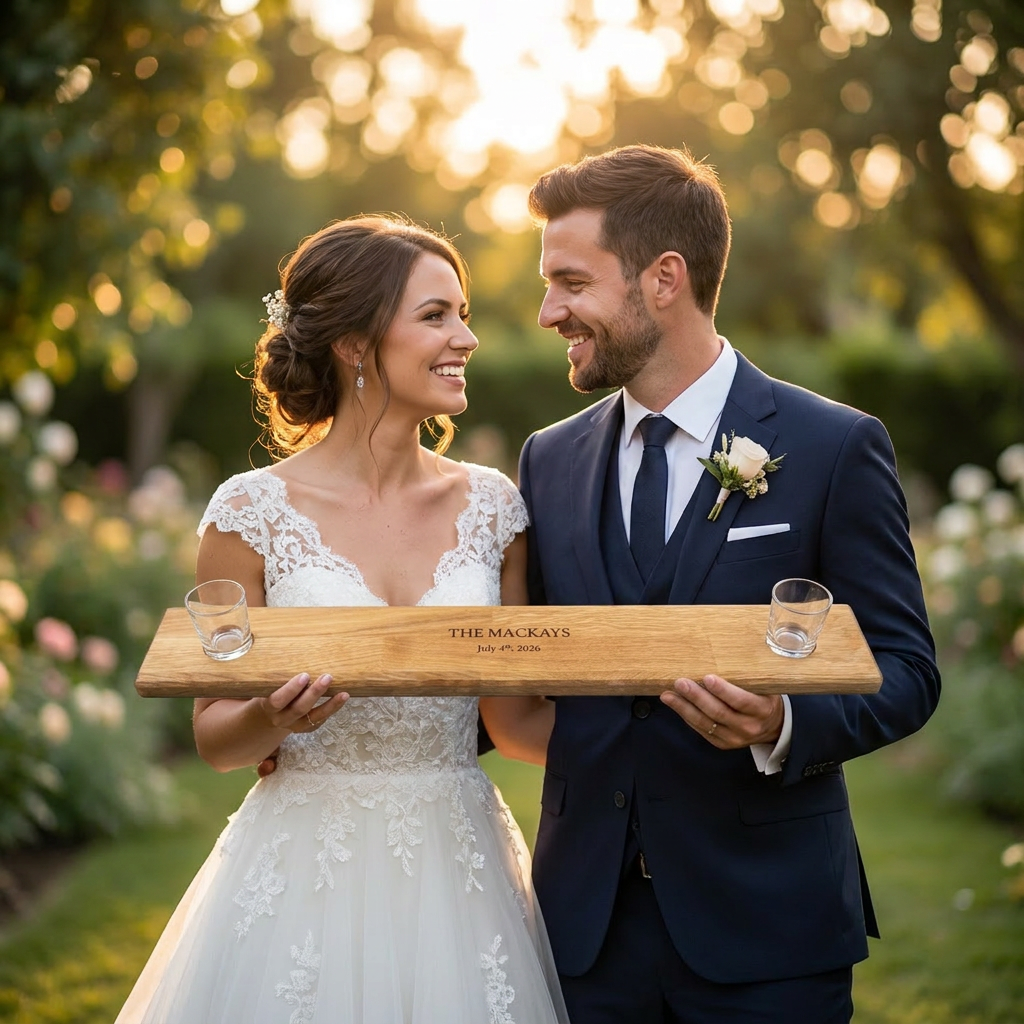 Personalised Wedding Shot Ski Board – Engraved Oak Wedding Keepsake Gift