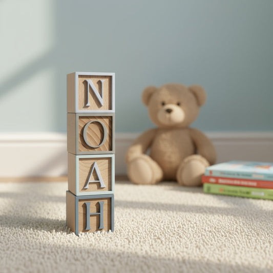 Wooden blocks spelling 'NOAH' with a teddy bear and books in the background.