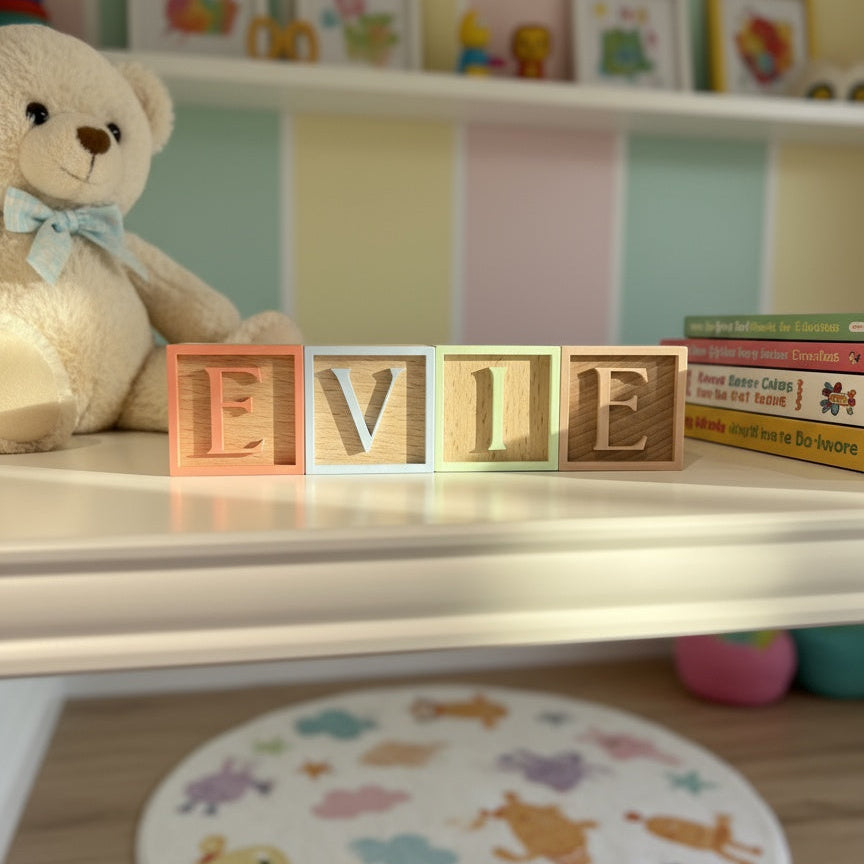 Children's room with teddy bear, colorful blocks spelling 'EVIE', and a patterned rug.