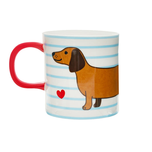 Mug with dachshund design and red handle on a white background