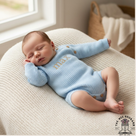 Personalised Baby Knitted Romper | Embroidered Custom Name Bodysuit | Soft Cotton Newborn Outfit | Baby Shower Gift UK