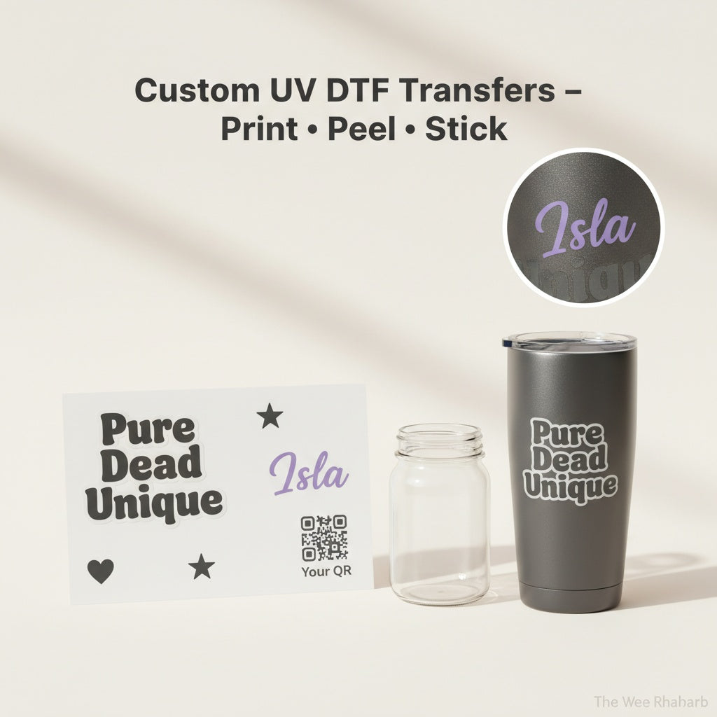 Custom UV DTF (Direct to Film) Transfers – Durable, Waterproof Decals for Glass, Metal, Acrylic, and Plastics