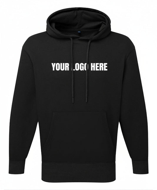 Black hoodie with 'YOUR LOGO HERE' text on a white background
