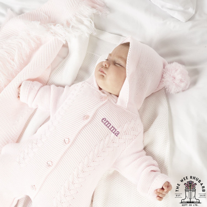 Personalised Baby Knitted Pramsuit | Embroidered Custom Name  | Hooded Newborn Outfit | Luxury Baby Gift UK
