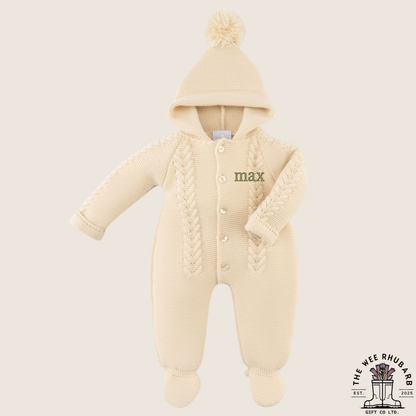 Personalised Baby Knitted Pramsuit | Embroidered Custom Name  | Hooded Newborn Outfit | Luxury Baby Gift UK