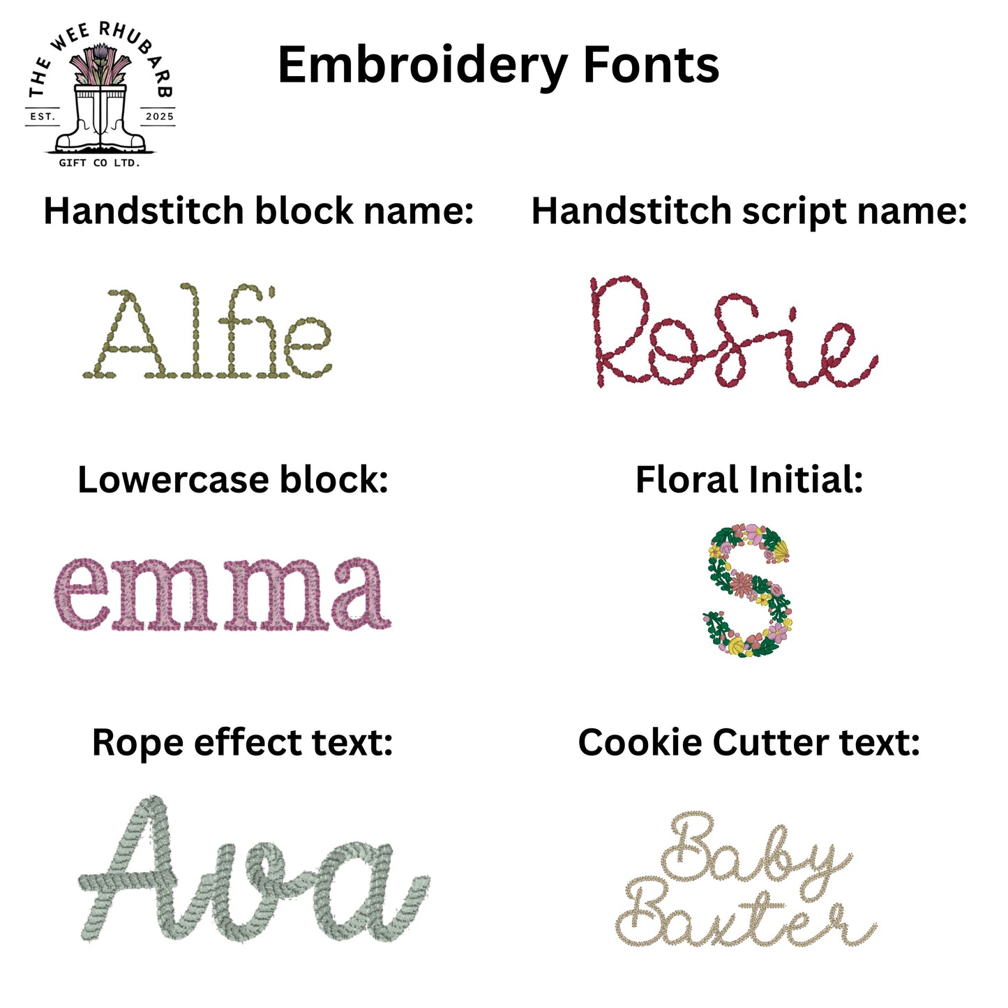 The Wee Rhubarb Gift Co Ltd embroidery fonts including Handstitch block, Handstitch script, Lowercase block, Floral Initial, Rope effect text, and Cookie Cutter text.