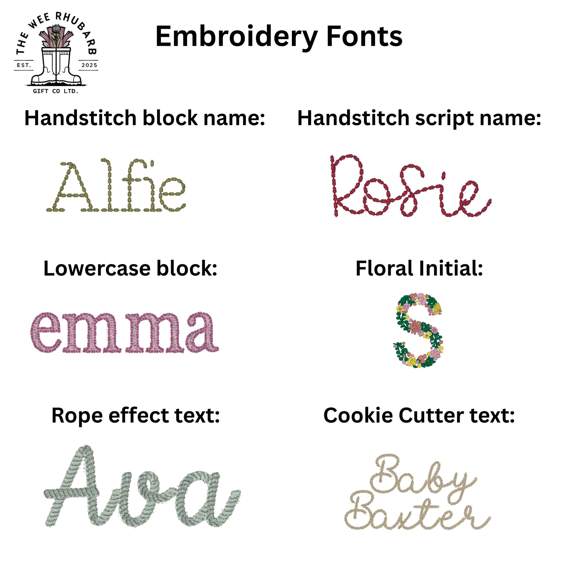 The Wee Rhubarb Gift Co Ltd embroidery fonts including Handstitch block, Handstitch script, Lowercase block, Floral Initial, Rope effect text, and Cookie Cutter text.
