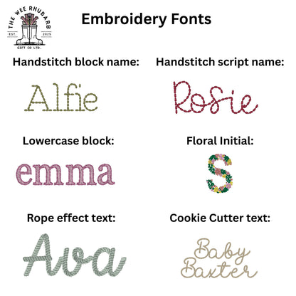The Wee Rhubarb Gift Co Ltd embroidery fonts including Handstitch block, Handstitch script, Lowercase block, Floral Initial, Rope effect text, and Cookie Cutter text.